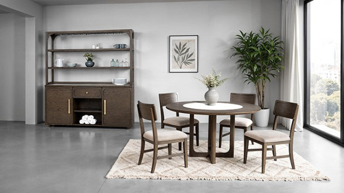 FM34021DW-RT-5PC 5 pc Vellara dark walnut finish wood 54" round stone center top dining table set