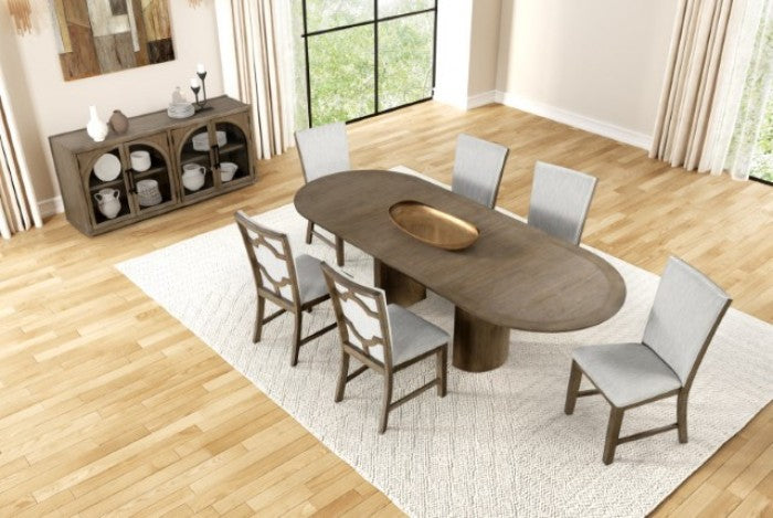 FM3411AK-7PC 7 pc Clements oak finish wood modern oval dining table set fabric seats trestle base