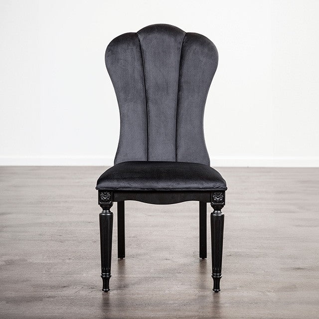 FM3416BK-SC  Set of 2 Hannoria black finish wood turned fluted leg dining chairs light black fabric