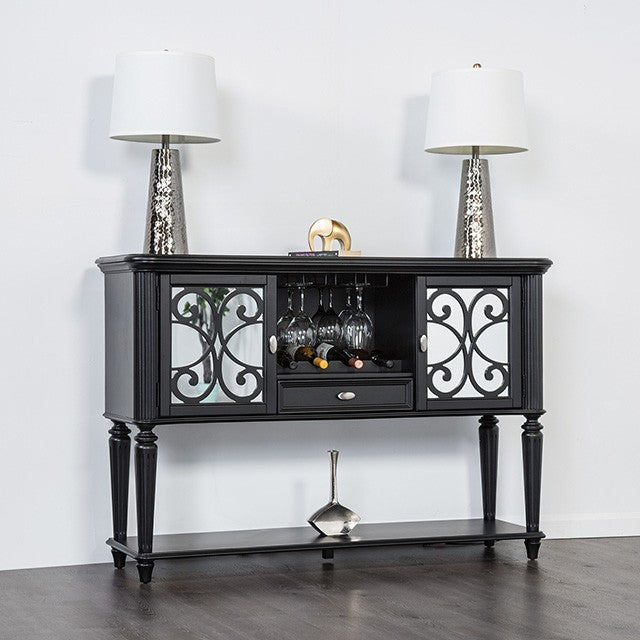 FM3416BK-SV Hannoria black finish wood turned fluted leg dining buffet server sideboard cabinet