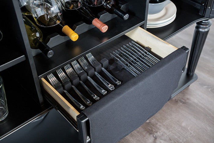 FM3416BK-SV Hannoria black finish wood turned fluted leg dining buffet server sideboard cabinet