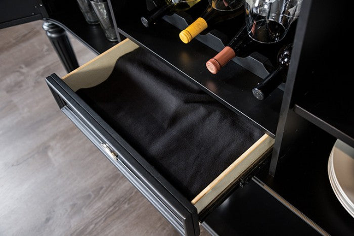 FM3416BK-SV Hannoria black finish wood turned fluted leg dining buffet server sideboard cabinet