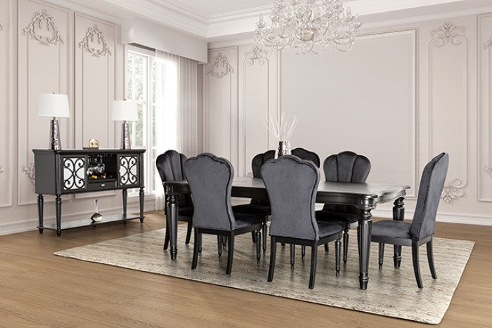 FM3416BK-T-7PC 7 pc Hannoria black finish wood turned fluted leg dining table set black chairs