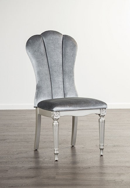 FM3416SV-SC  Set of 2 Hannoria silver finish wood turned fluted leg dining chairs light grey fabric
