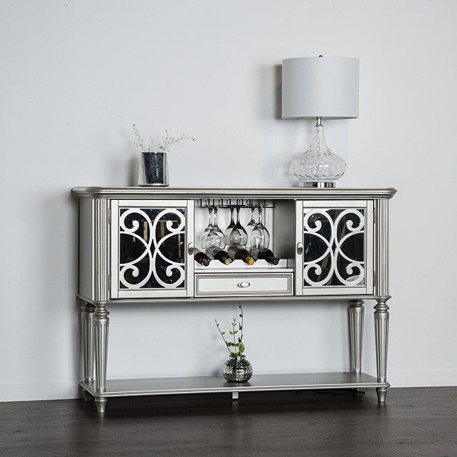 FM3416SV-SV Hannoria silver finish wood turned fluted leg dining buffet server sideboard cabinet