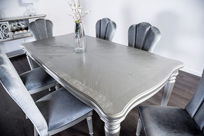 FM3416SV-T-7PC 7 pc Hannoria silver finish wood turned fluted leg dining table set light grey chairs