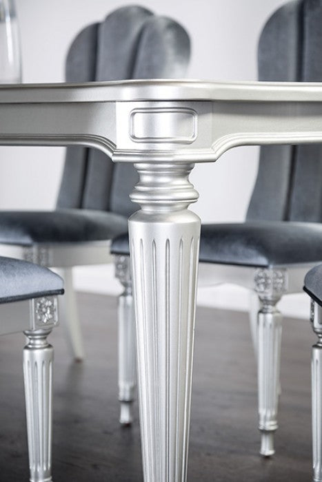 FM3416SV-T-7PC 7 pc Hannoria silver finish wood turned fluted leg dining table set light grey chairs