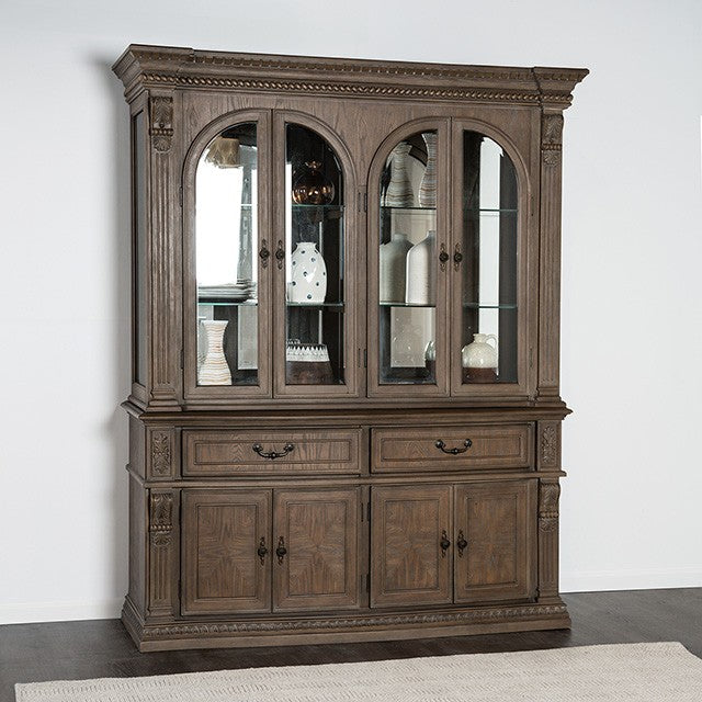 FM3418AK-HB 2 pc Oakham weathered oak finish wood hutch and buffet china cabinet