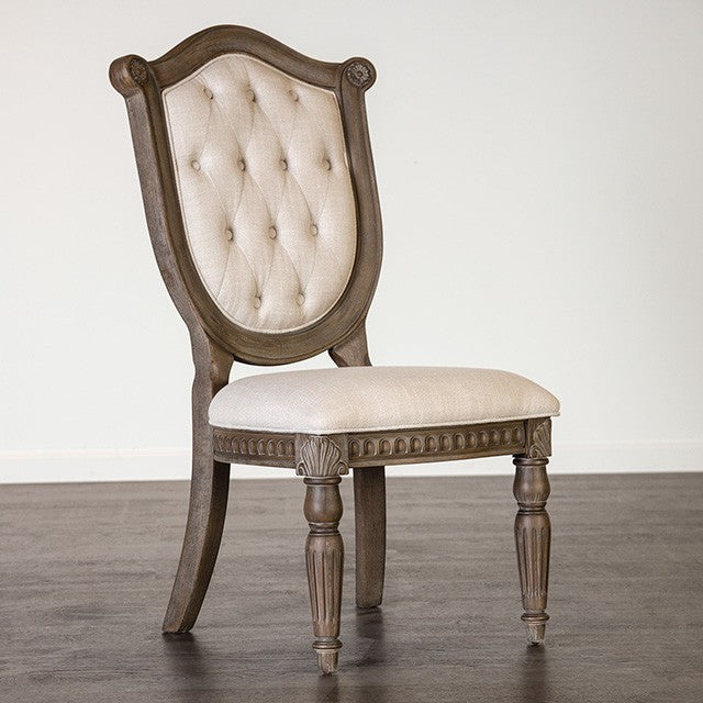 FM3418AK-SC  Set of Oakham weathered oak finish wood shield back side chairs beige fabric