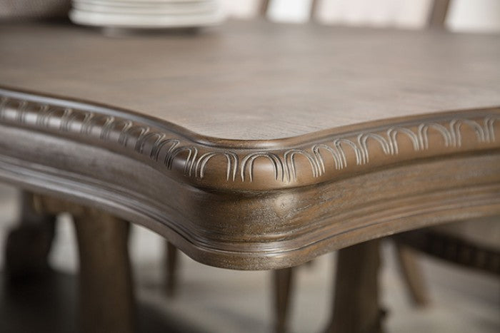 FM3418AK-T-7PC 7 pc Oakham weathered oak finish wood pedestal trestle base dining table set shield back chairs