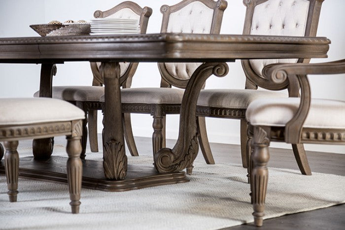 FM3418AK-T-7PC 7 pc Oakham weathered oak finish wood pedestal trestle base dining table set shield back chairs