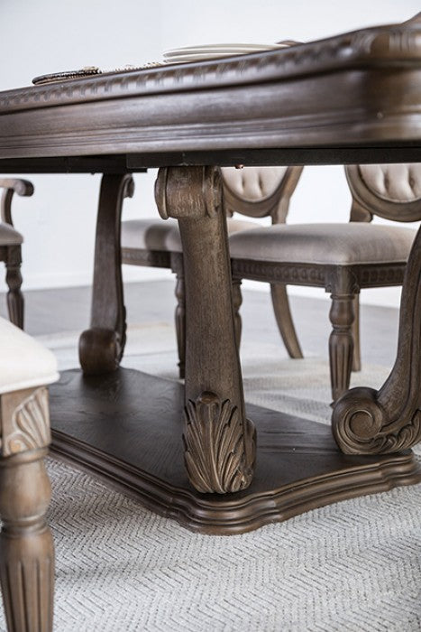 FM3418AK-T-7PC 7 pc Oakham weathered oak finish wood pedestal trestle base dining table set shield back chairs