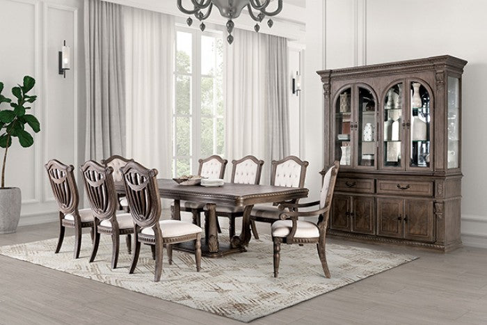 FM3418AK-T-7PC 7 pc Oakham weathered oak finish wood pedestal trestle base dining table set shield back chairs