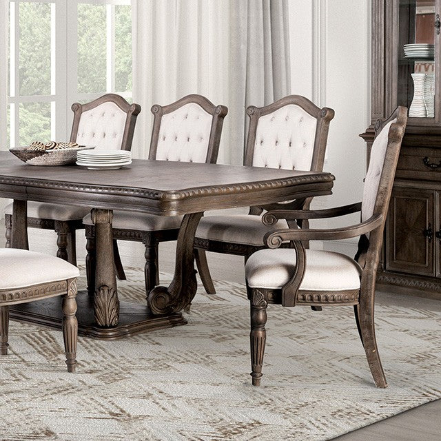 FM3418AK-T-7PC 7 pc Oakham weathered oak finish wood pedestal trestle base dining table set shield back chairs