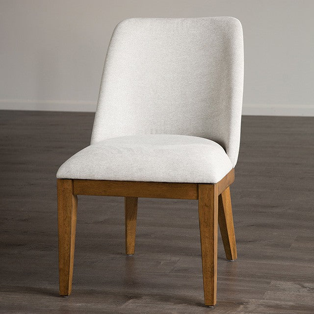 FM3421WH-SC-2PK Set of 2 Mandal chestnut finish wood mid-century modern white fabric curved back dining chairs