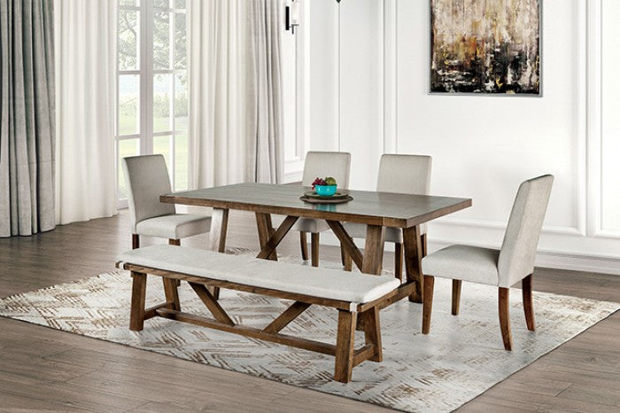 FM3422BR-6PC 6 pc Loson brown rustic finish wood dining table set upholstered chairs and bench