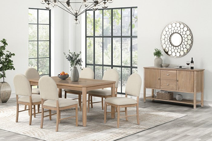 FM3426NT-7PC 7 pc Rheinfall natural finish wood dining table set beige upholstered chairs