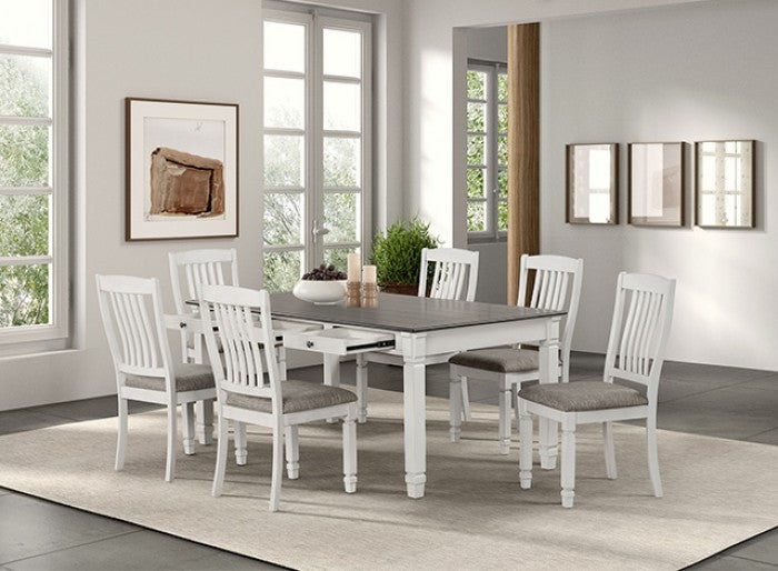 FM3427WH-7PC 7 pc Pendola rustic antique white finish wood two tone farmhouse dining table set with drawers