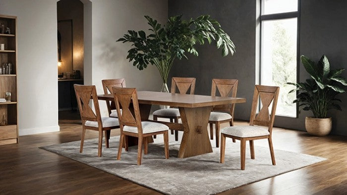 FM3428AK-7PC 7 pc Johannes rustic oak finish wood rustic farmhouse dining table set fabric seats trestle base