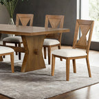FM3428AK-7PC 7 pc Johannes rustic oak finish wood rustic farmhouse dining table set fabric seats trestle base