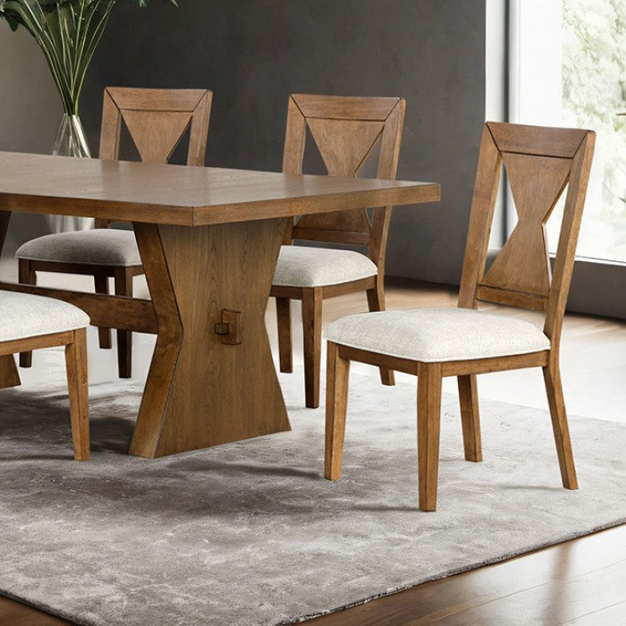 FM3428AK-7PC 7 pc Johannes rustic oak finish wood rustic farmhouse dining table set fabric seats trestle base