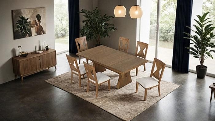 FM3428AK-7PC 7 pc Johannes rustic oak finish wood rustic farmhouse dining table set fabric seats trestle base