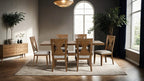 FM3428AK-7PC 7 pc Johannes rustic oak finish wood rustic farmhouse dining table set fabric seats trestle base