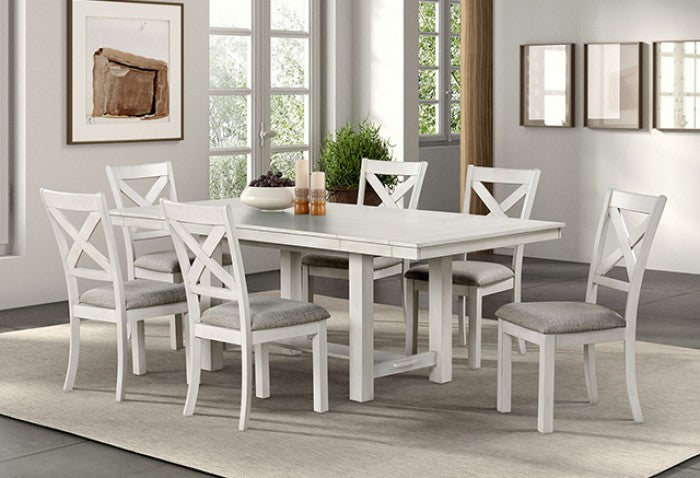 FM3429WH-7PC 7 pc Ferrone rustic white oak finish wood rustic farmhouse dining table set with end leaves
