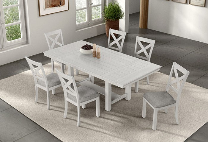 FM3429WH-7PC 7 pc Ferrone rustic white oak finish wood rustic farmhouse dining table set with end leaves