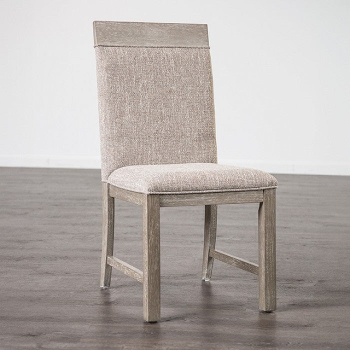 FM3597GY-7PC 7 pc Vestby stone grey finish wood dining table set grey fabric chairs