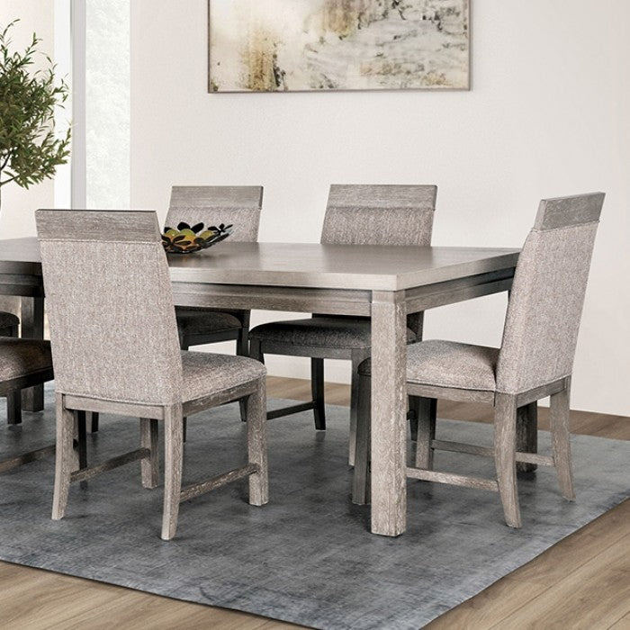 FM3597GY-7PC 7 pc Vestby stone grey finish wood dining table set grey fabric chairs