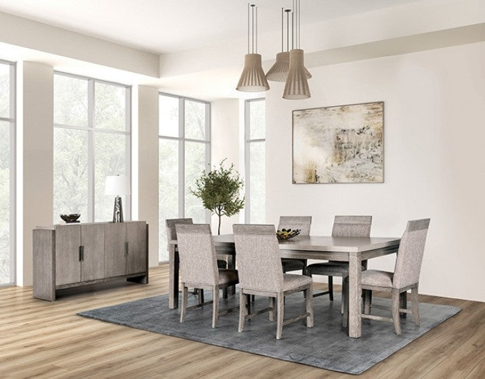 FM3597GY-7PC 7 pc Vestby stone grey finish wood dining table set grey fabric chairs