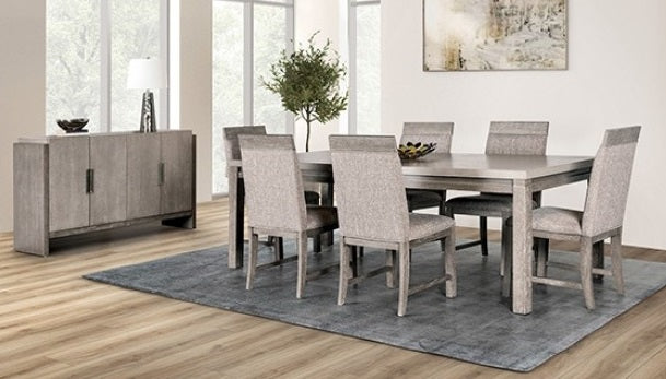 FM3597GY-7PC 7 pc Vestby stone grey finish wood dining table set grey fabric chairs