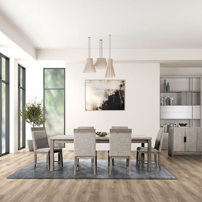 FM3597GY-7PC 7 pc Vestby stone grey finish wood dining table set grey fabric chairs