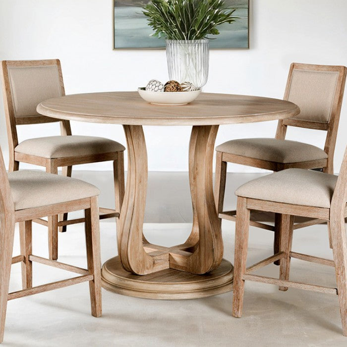 FM3601NT-PT-5PC 5 pc Orbetello distressed natural finish wood transitional 54" round counter height dining table set with fabric seats