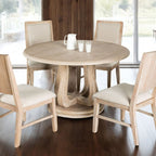 FM3601NT-RT-5PC 5 pc Orbetello distressed natural finish wood transitional 54" round dining table set with fabric seats