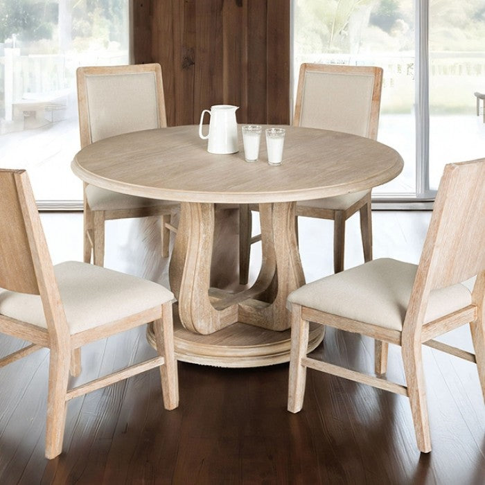 FM3601NT-RT-5PC 5 pc Orbetello distressed natural finish wood transitional 54" round dining table set with fabric seats