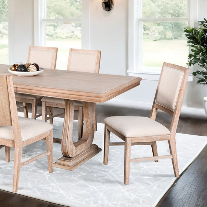 FM3601NT-7PC 7 pc Orbetello distressed natural finish wood transitional dining table set with leaf and fabric seats