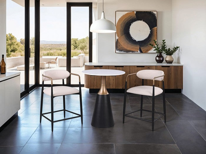 FM37002BK-PT-3PC 3 pc Streatham black white and gold 28" round bar table set with stone top