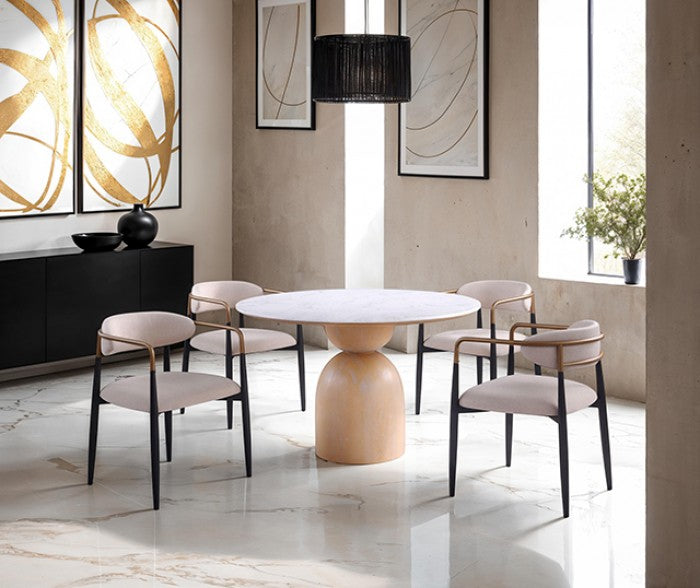 FM37003NT-5PC 5 pc Neasden natural finish wood pedestal 47" round engineered stone top dining table set