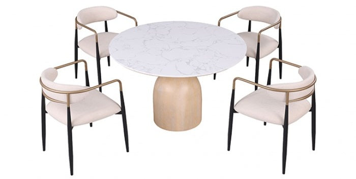 FM37003NT-5PC 5 pc Neasden natural finish wood pedestal 47" round engineered stone top dining table set