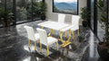 FM37007GD-WH-5PC 5 pc Holbaek gold finish base white top modern 60" dining table set white fabric chairs