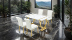 FM37007GD-WH-5PC 5 pc Holbaek gold finish base white top modern 60" dining table set white fabric chairs