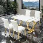 FM37007GD-WH-5PC 5 pc Holbaek gold finish base white top modern 60" dining table set white fabric chairs