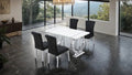 FM37007SV-BK-5PC 5 pc Holbaek silver finish base white top modern 60" dining table set black fabric chairs