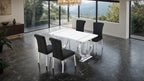 FM37007SV-BK-5PC 5 pc Holbaek silver finish base white top modern 60" dining table set black fabric chairs