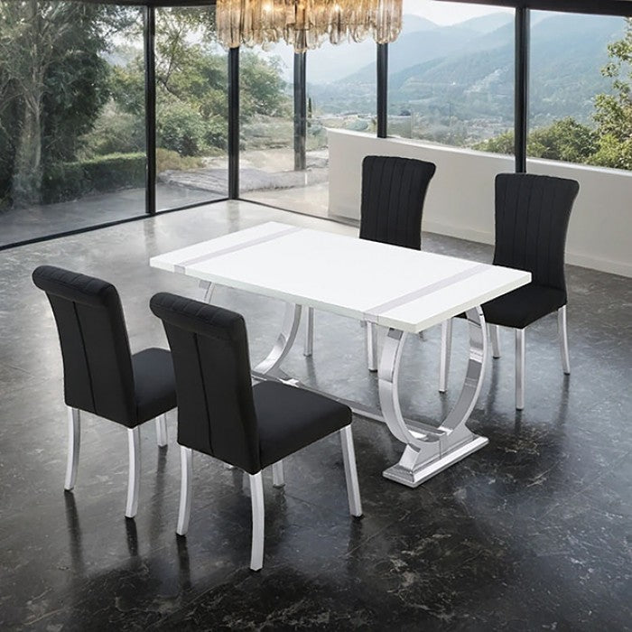 FM37007SV-BK-5PC 5 pc Holbaek silver finish base white top modern 60" dining table set black fabric chairs