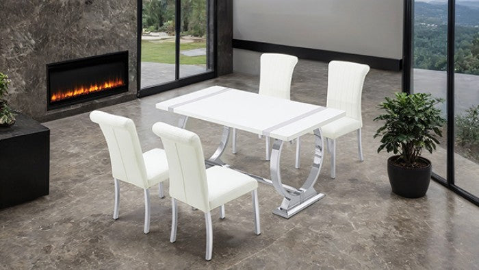 FM37007SV-WH-5PC 5 pc Holbaek silver finish base white top modern 60" dining table set white fabric chairs