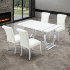 FM37007SV-WH-5PC 5 pc Holbaek silver finish base white top modern 60" dining table set white fabric chairs
