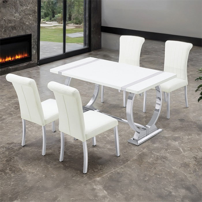 FM37007SV-WH-5PC 5 pc Holbaek silver finish base white top modern 60" dining table set white fabric chairs